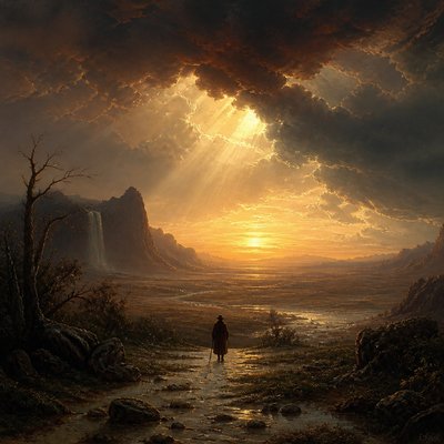 a solitary figure walking toward a glowing horizon across an empty plain, moody atmosphere, no text or lettering