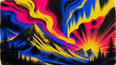 a flowing aurora over snowy peaks, wide sweeping composition, no people, no text