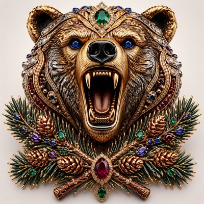 a roaring bear head above crossed pine branches, bold graphic composition on a plain background, no text