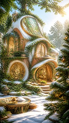 a snow-covered cottage with warm glowing windows beside a decorated pine tree, gentle snowfall, no text