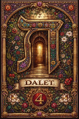 A picture of the Hebrew letter Dalet including in the design a picture of a door and the modern Hebrew Dalet symbol (ד), the number 4 and the name of the letter "Dalet" . With no other number or letter symbols included