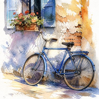 bicyle resting against a wall — Watercolor Painting Style