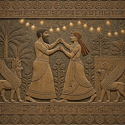 an original couple dancing under string lights in a garden at dusk: a man with short black hair in a linen shirt and a woman with braided red hair in a summer dress