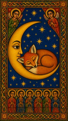 a sleeping baby fox curled on a crescent moon among soft stars, gentle and warm, no text