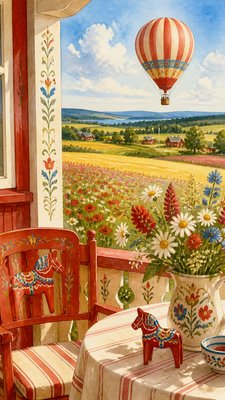a hot air balloon drifting over rolling flower fields on a sunny day, cheerful, no text