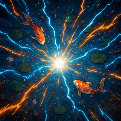 A koi pond seen from above, orange and white koi fish swimming among lily pads, clear water with subtle ripples, fallen cherry blossom petals floating on the surface, dappled sunlight