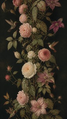 a climbing vine of flowers and hummingbirds on a dark background, tall wrapping composition, no text