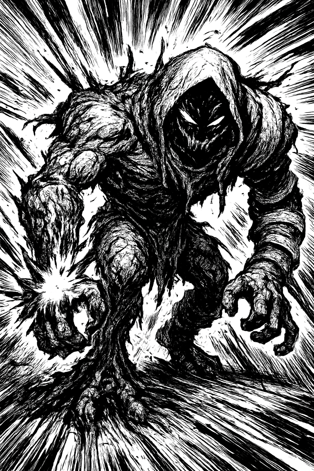 a black and white drawing of a monster