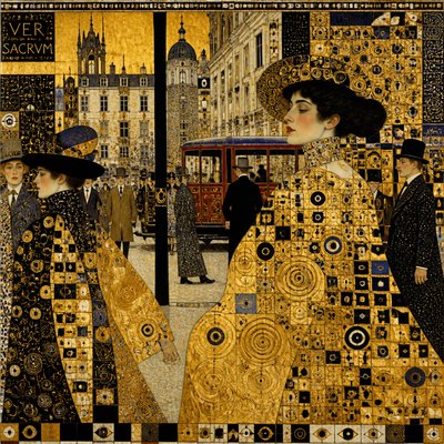 urban street with city activity — Vienna Secession Art Style