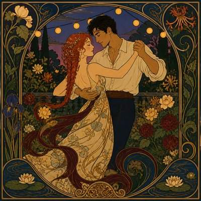 an original couple dancing under string lights in a garden at dusk: a man with short black hair in a linen shirt and a woman with braided red hair in a summer dress