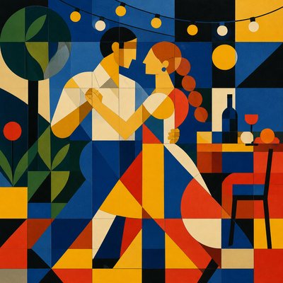 an original couple dancing under string lights in a garden at dusk: a man with short black hair in a linen shirt and a woman with braided red hair in a summer dress