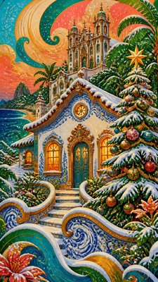 a snow-covered cottage with warm glowing windows beside a decorated pine tree, gentle snowfall, no text
