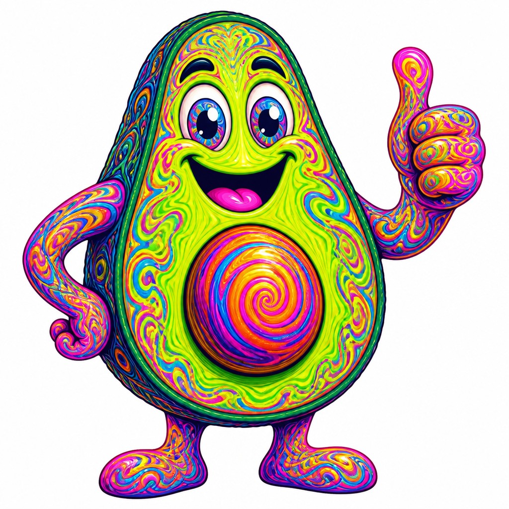 a happy avocado character giving a thumbs up, bold readable design on a plain background, no text