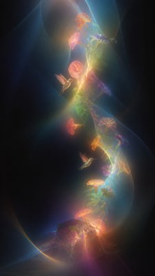 a climbing vine of flowers and hummingbirds on a dark background, tall wrapping composition, no text