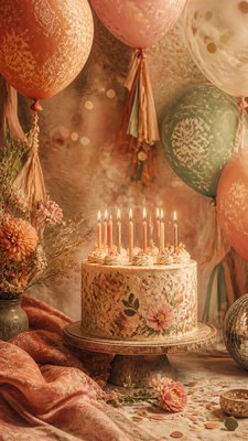 a birthday cake with lit candles surrounded by balloons and confetti, festive vertical composition, no text