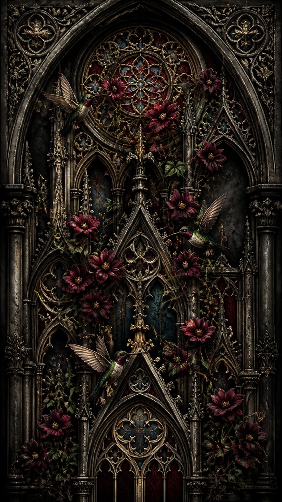a climbing vine of flowers and hummingbirds on a dark background, tall wrapping composition, no text