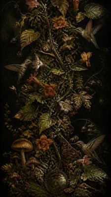 a climbing vine of flowers and hummingbirds on a dark background, tall wrapping composition, no text