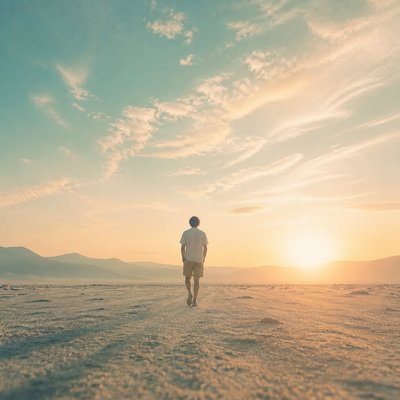 a solitary figure walking toward a glowing horizon across an empty plain, moody atmosphere, no text or lettering