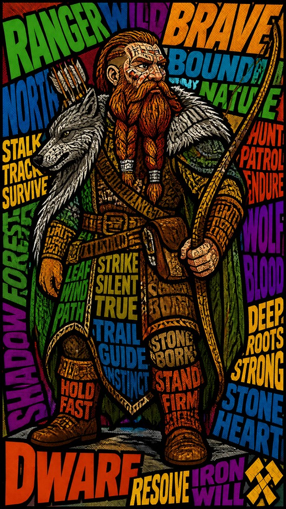 full-body original character: a dwarven ranger with a braided auburn beard, worn leather armor, a longbow and a wolf-pelt cloak, neutral background, no text