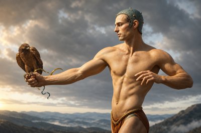 a man holding a bird of prey in his right hand