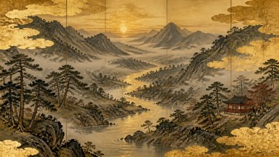 a vast valley with a river winding toward distant mountains at sunrise, no people, no text