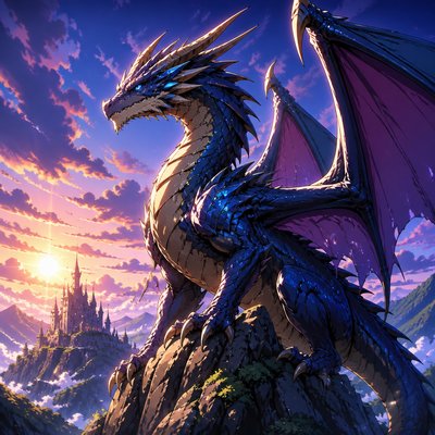 a majestic dragon perched on a rocky crag, wings half spread