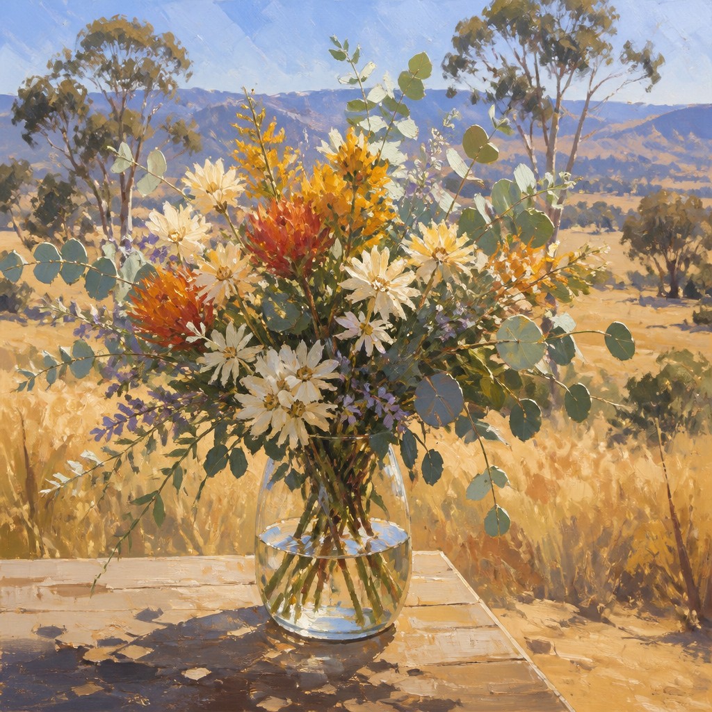bouquet of flowers in a glass vase — Heidelberg School Art Style