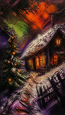 a snow-covered cottage with warm glowing windows beside a decorated pine tree, gentle snowfall, no text