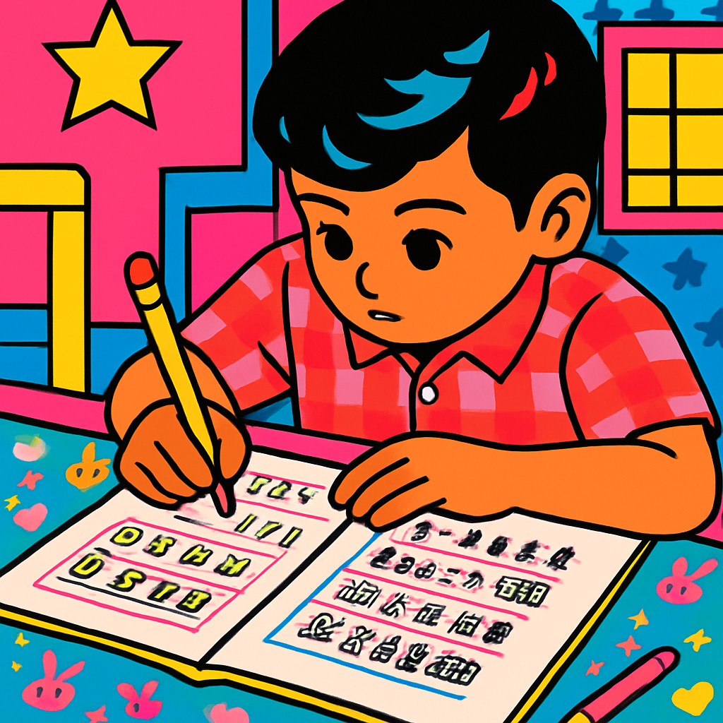 a young boy sitting at a table writing on a piece of paper