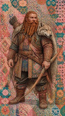 full-body original character: a dwarven ranger with a braided auburn beard, worn leather armor, a longbow and a wolf-pelt cloak, neutral background, no text