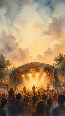 a live music scene with a glowing stage and silhouetted crowd, energetic vertical composition with open space at the top, no text