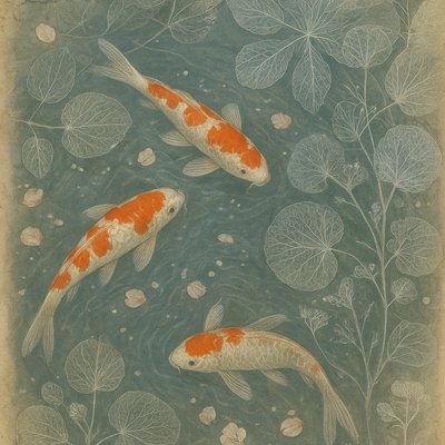 A koi pond seen from above, orange and white koi fish swimming among lily pads, clear water with subtle ripples, fallen cherry blossom petals floating on the surface, dappled sunlight