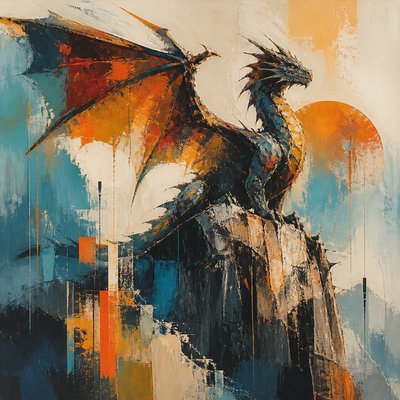 a majestic dragon perched on a rocky crag, wings half spread