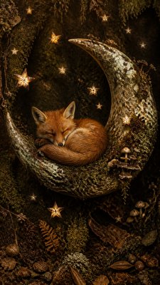 a sleeping baby fox curled on a crescent moon among soft stars, gentle and warm, no text