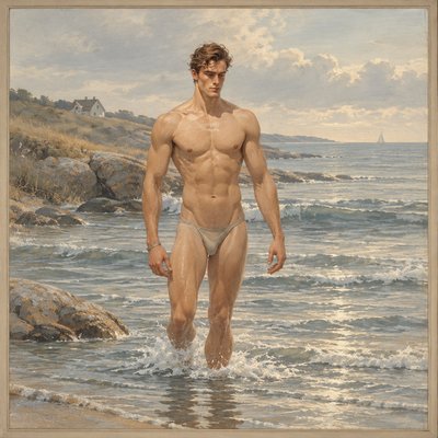 a painting of a man walking in the water