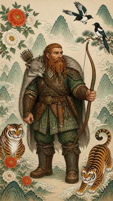 full-body original character: a dwarven ranger with a braided auburn beard, worn leather armor, a longbow and a wolf-pelt cloak, neutral background, no text