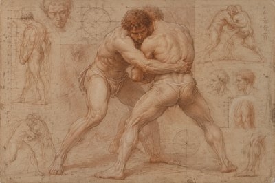 ancient greek wrestlers grab each others torso