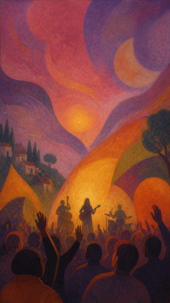 a live music scene with a glowing stage and silhouetted crowd, energetic vertical composition with open space at the top, no text