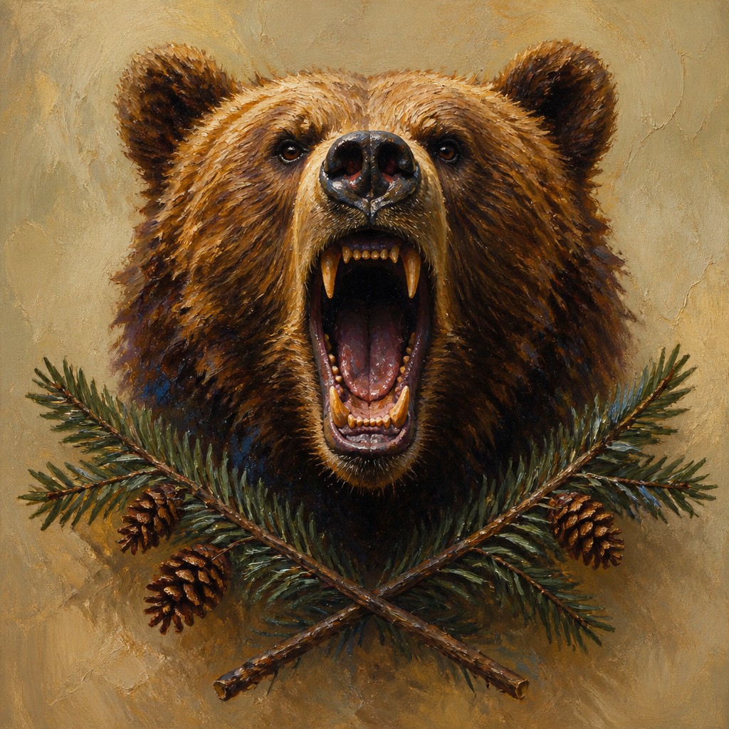 a roaring bear head above crossed pine branches, bold graphic composition on a plain background, no text