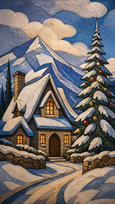 a snow-covered cottage with warm glowing windows beside a decorated pine tree, gentle snowfall, no text