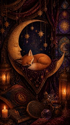 a sleeping baby fox curled on a crescent moon among soft stars, gentle and warm, no text