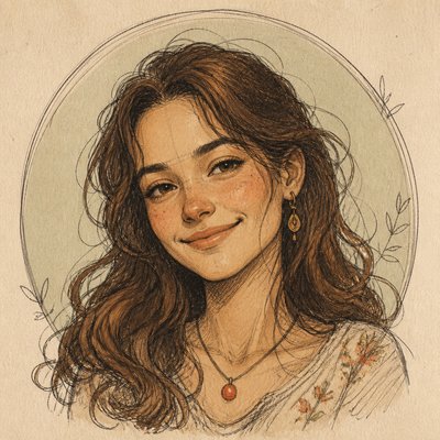 head-and-shoulders portrait of an original character: a young woman with wavy chestnut hair and a warm smile, plain soft backdrop
