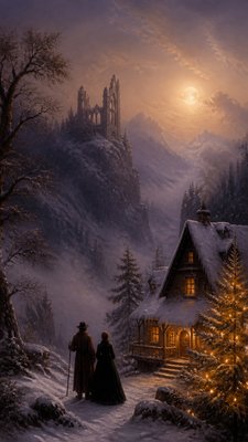 a snow-covered cottage with warm glowing windows beside a decorated pine tree, gentle snowfall, no text