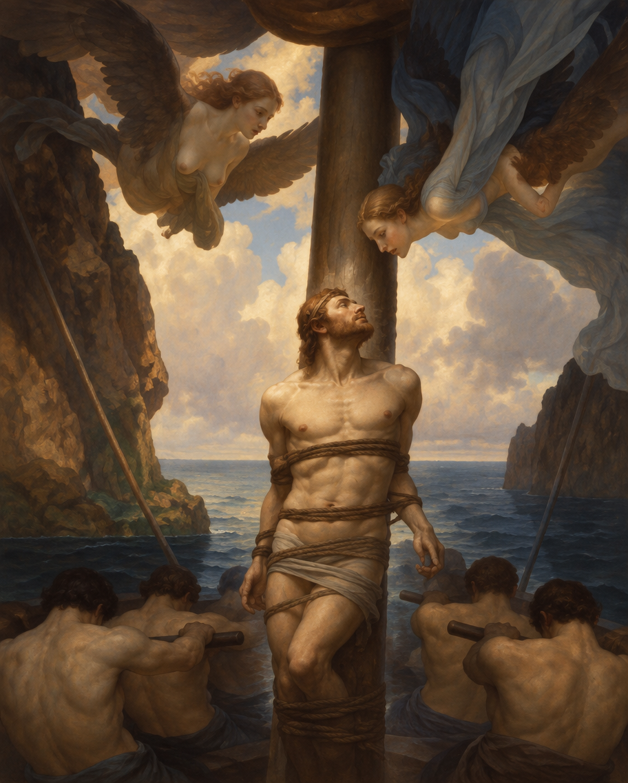 a painting of a man standing on a pole