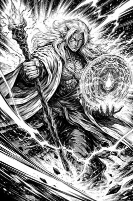 a black and white drawing of a man holding a sword