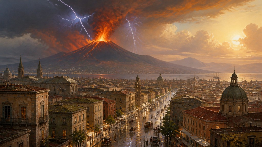 an erupting volcano with lightning strikes, dramatic wide composition, no text