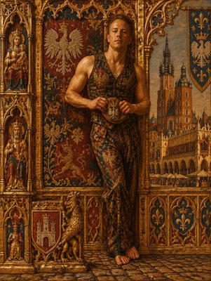 a painting of a man standing in front of a wall