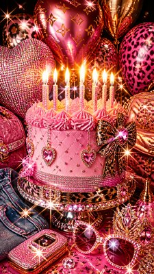 a birthday cake with lit candles surrounded by balloons and confetti, festive vertical composition, no text