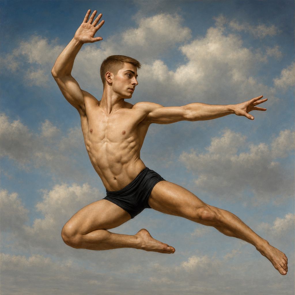 a painting of a man jumping in the air