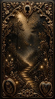 a mysterious forest path with fireflies and drifting mist, atmospheric vertical composition with open space at the top, no text